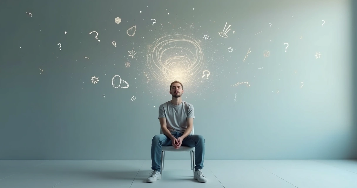 Person surrounded by swirling thought lines symbolizing overthinking 