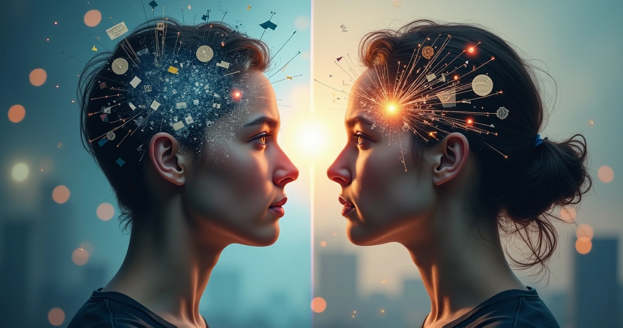 Split image of a person with chaotic thoughts on one side and calm focused reflection on the other 