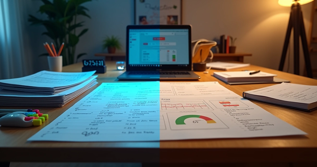 Mesa dividida mostrando lado de curso online e lado de mentoria presencial para traders 