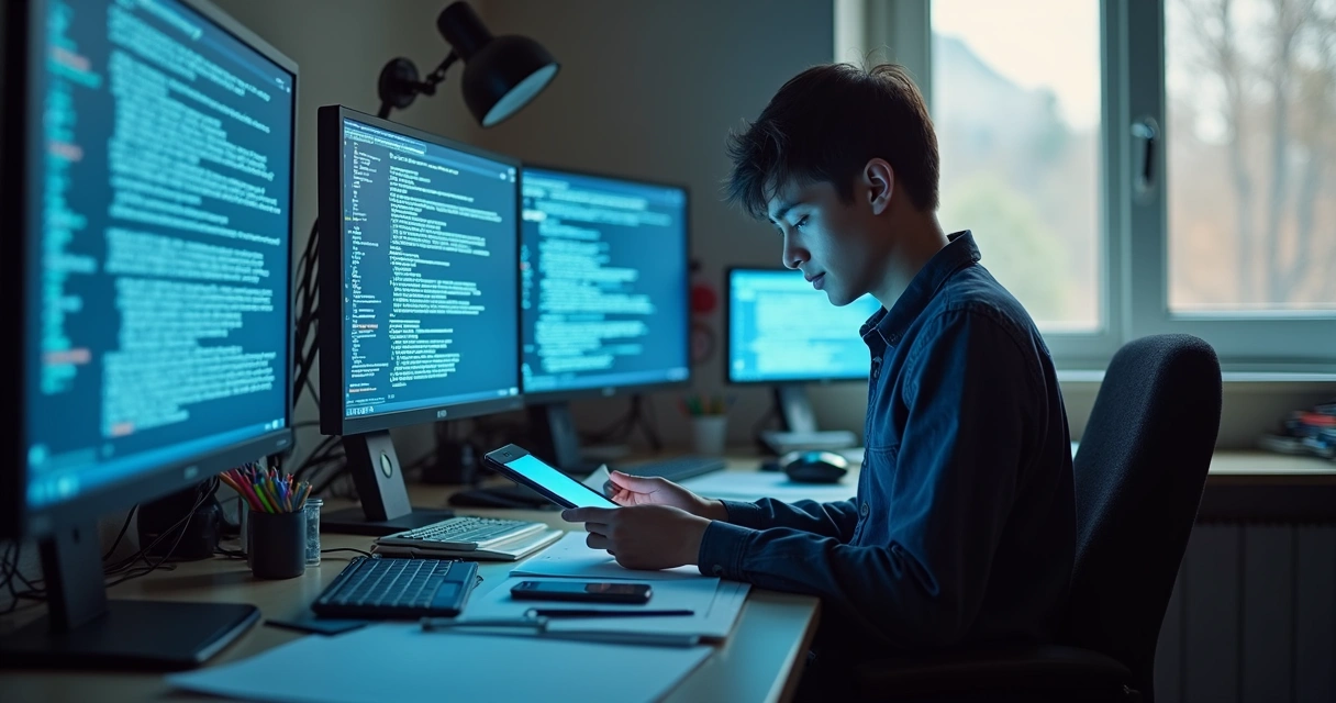 Person surrounded by devices and digital screens