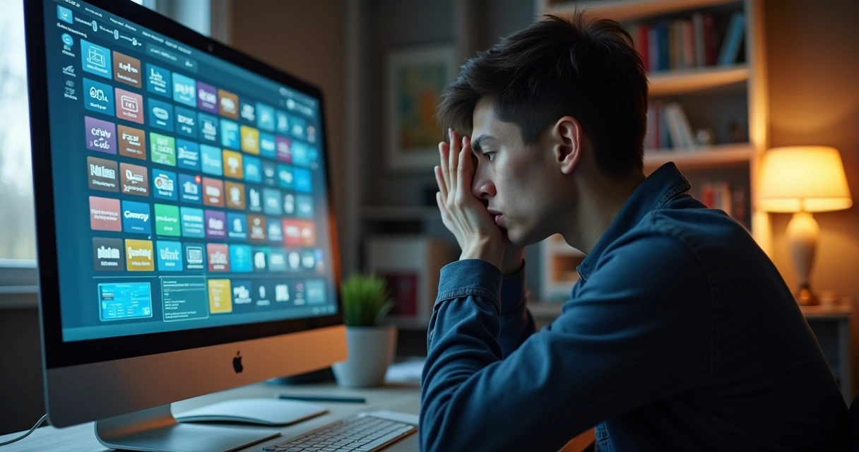 Person overwhelmed by many choices on a computer screen 