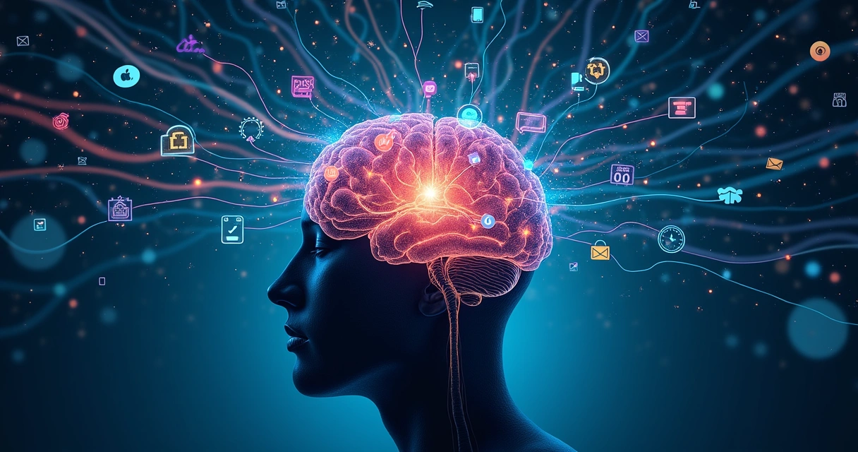 Artistic brain illustration with multiple task symbols