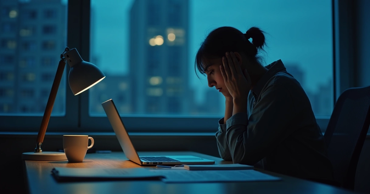 Person at desk staring at notes and laptop in a dim room