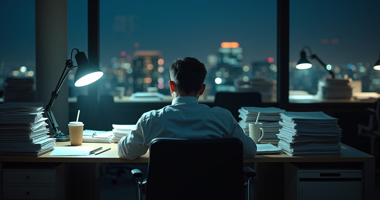 Manager at cluttered desk late at night surrounded by work 
