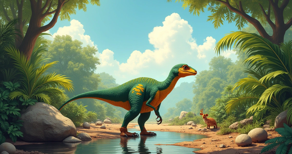 Oviraptor em habitat pré-histórico com ovos, plantas e pequenos animais, mostrando diversidade alimentar.
