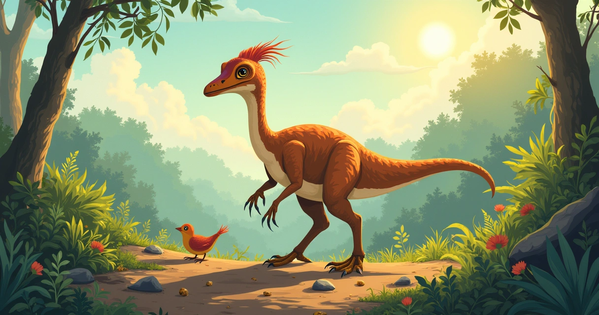 Oviraptor em ambiente cretáceo, próximo a um ninho de ovos, com vegetação rica e cenário vibrante.