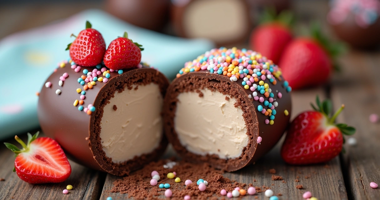 Ovo de Páscoa de colher com recheio cremoso e confeitos coloridos