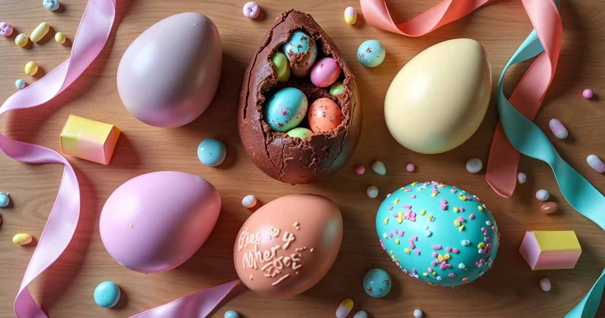 Vários ovos de Páscoa diferentes em uma mesa de madeira