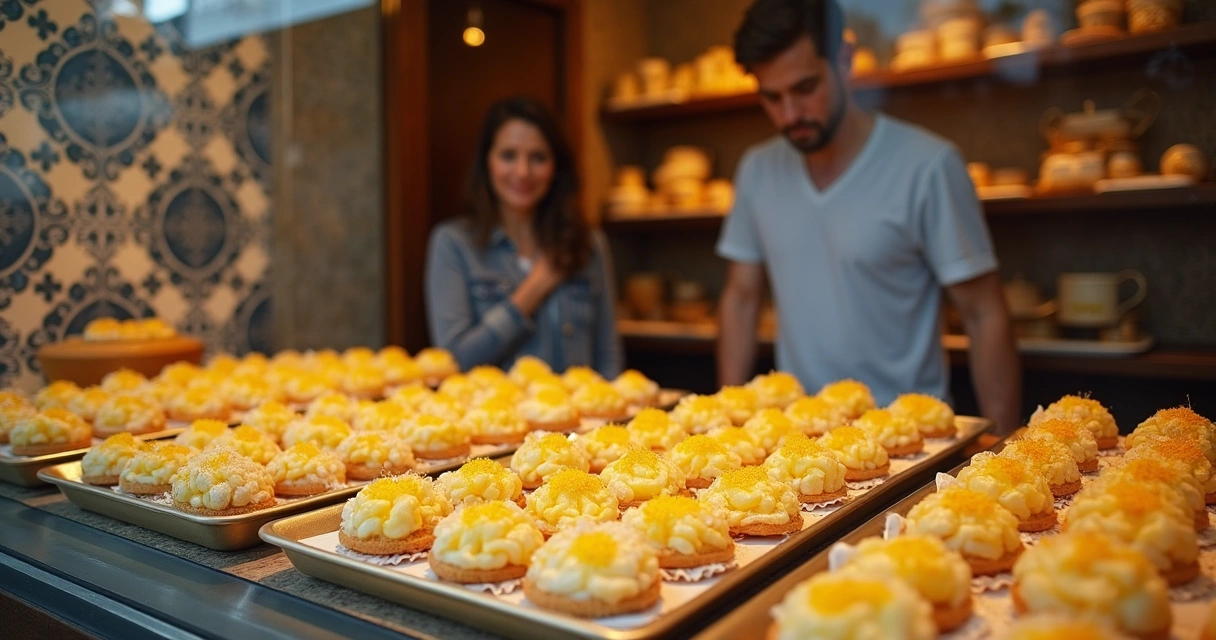 Doces ovos moles tradicionais à venda em vitrine de confeitaria de Aveiro. 