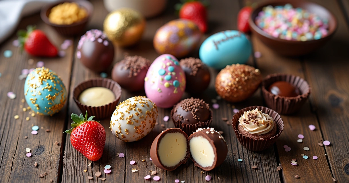 Vários tipos de ovos de Páscoa sobre mesa de madeira vistos de cima 