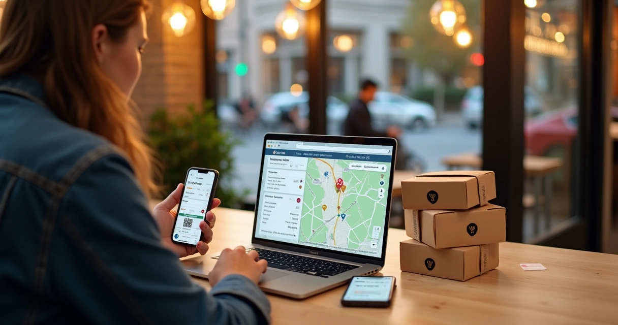 Dono de delivery cadastrando loja em apps de mapas no notebook 