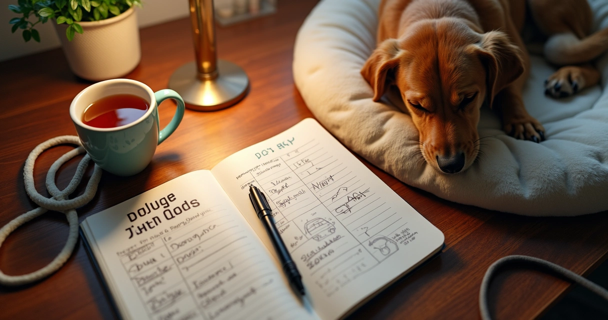 Owner tracking a dog sleep journal at a desk
