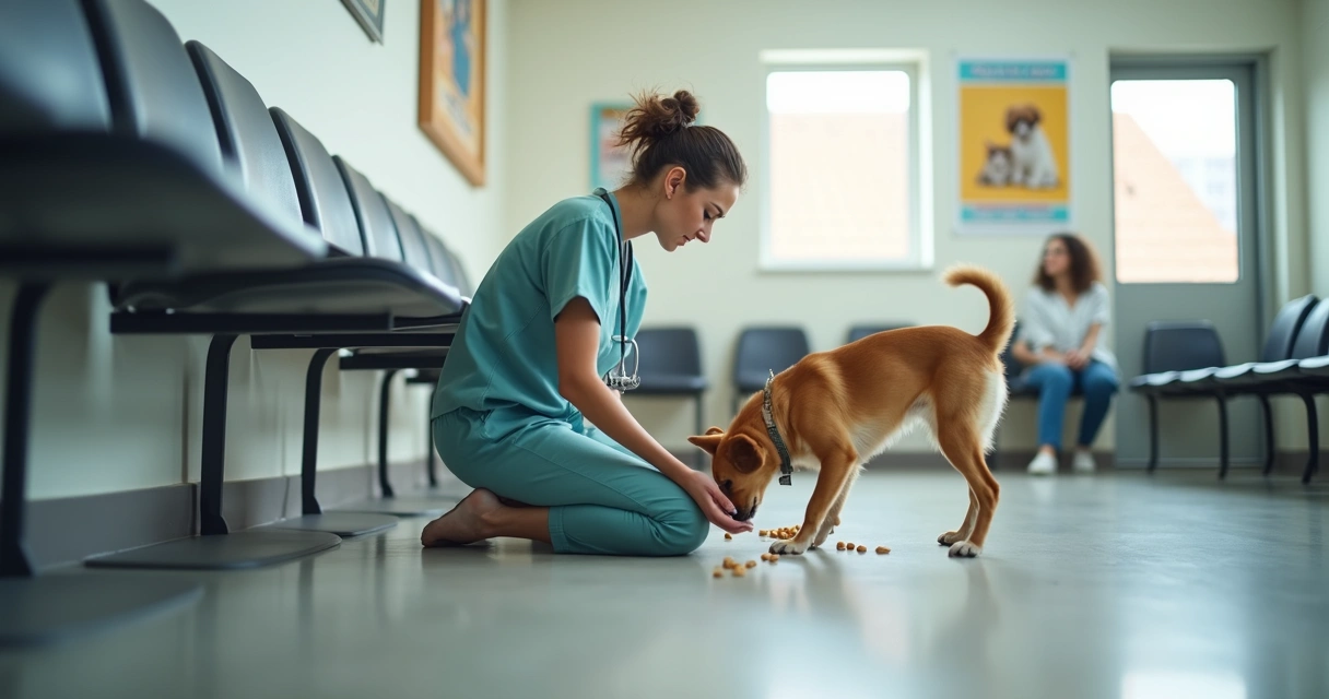 Owner hiding treats for dog in waiting room