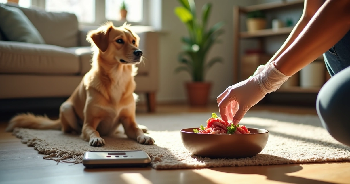 Owner serving raw food into a dog bowl
