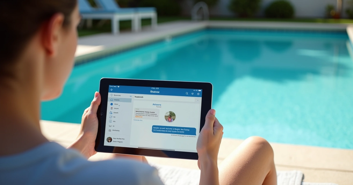 Pool owner chatting with AI assistant on tablet by pool
