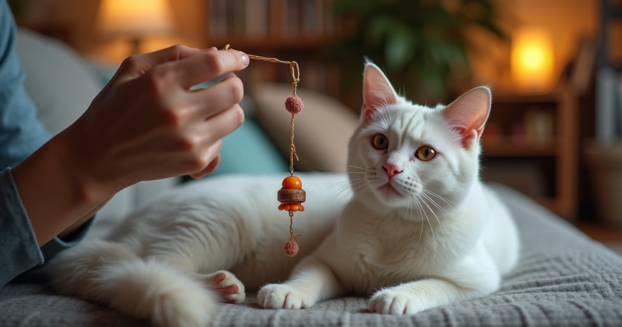 Owner gently playing with senior cat