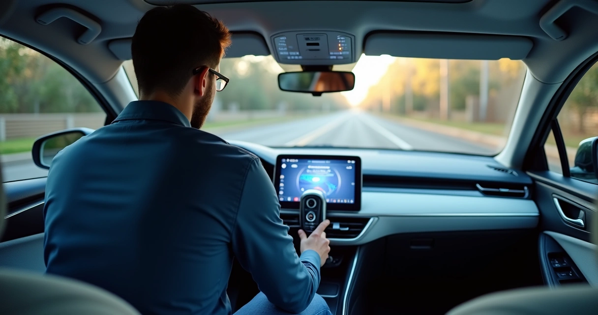 Técnico usando equipamento de ozonização dentro de carro 