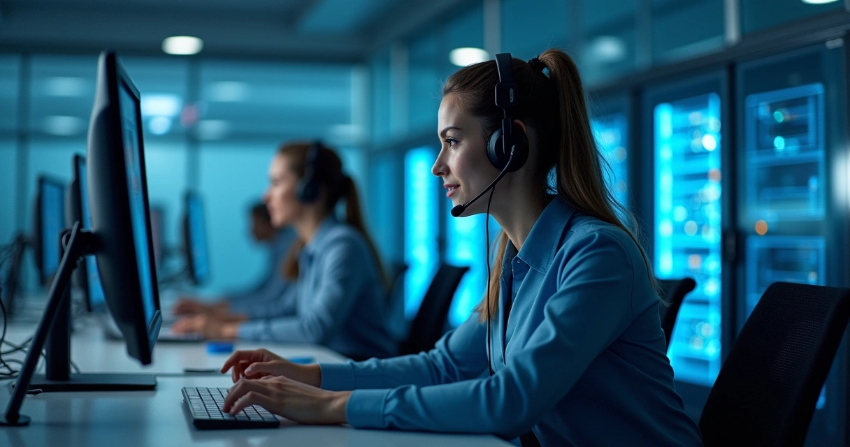 Centro de operações moderno com vários monitores e call center 