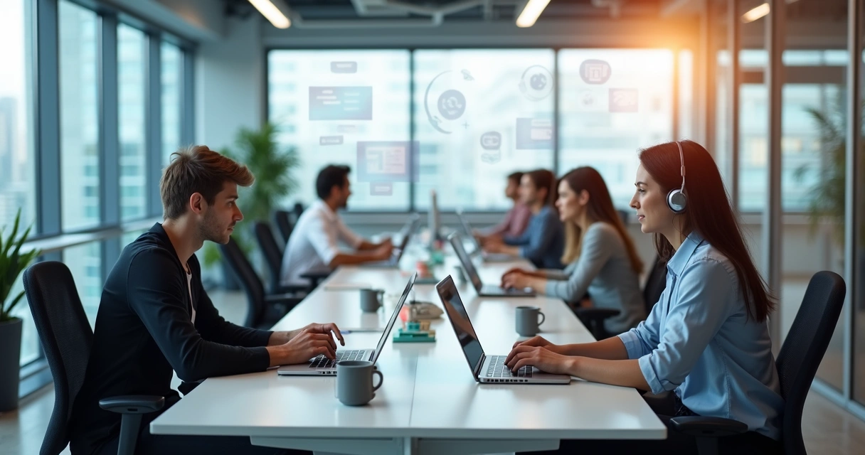 Equipe em escritório moderno usando computadores e celulares para chamadas empresariais 