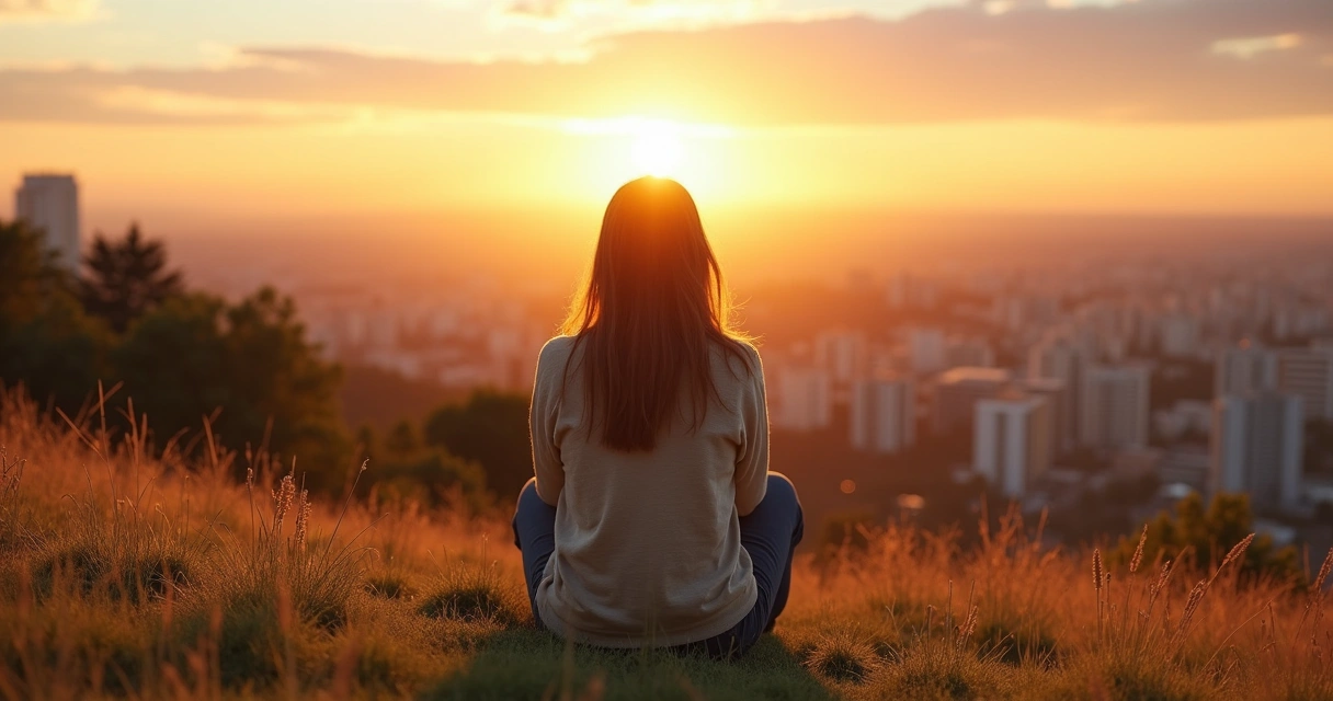 Persona sentada en calma mirando un atardecer desde una colina 