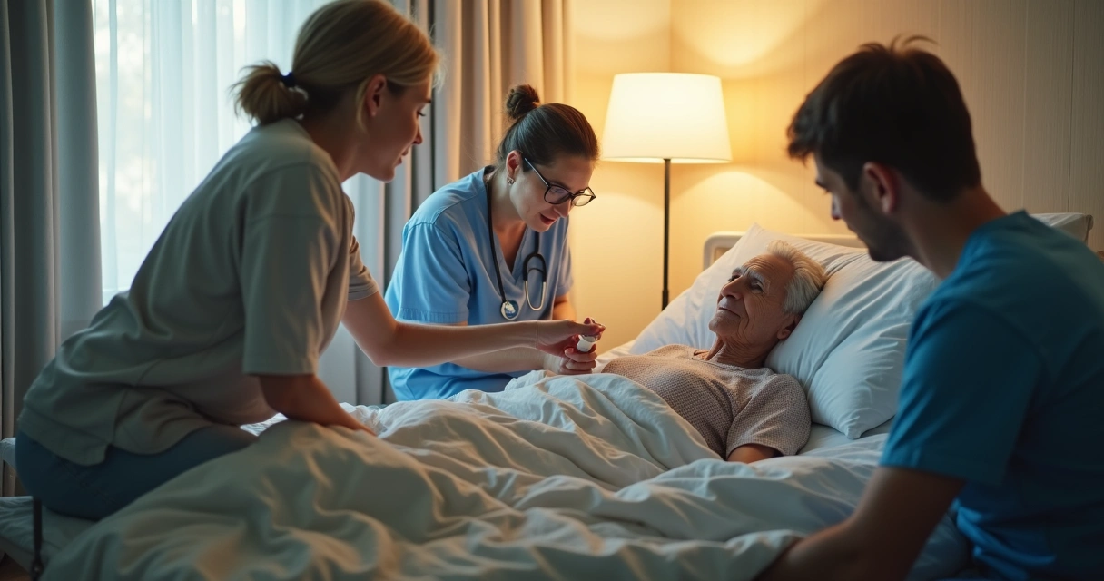 Paciente acamado após AVC recebendo cuidados domiciliares e família ao redor 