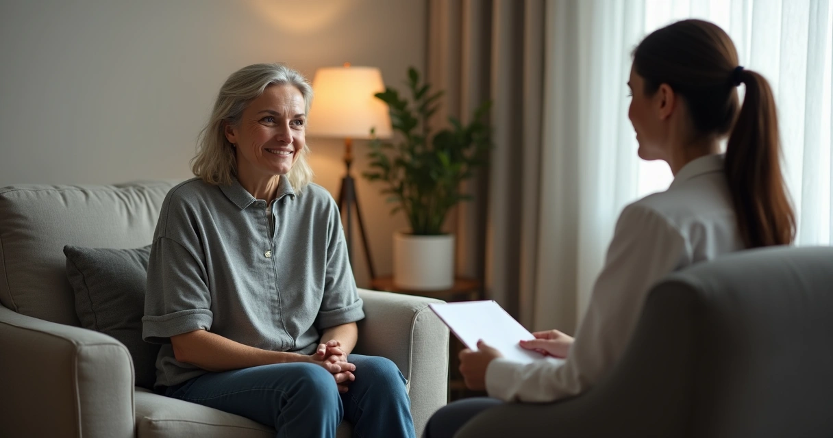 Pessoa sendo ouvida atentamente por profissional de saúde mental em ambiente confortável 