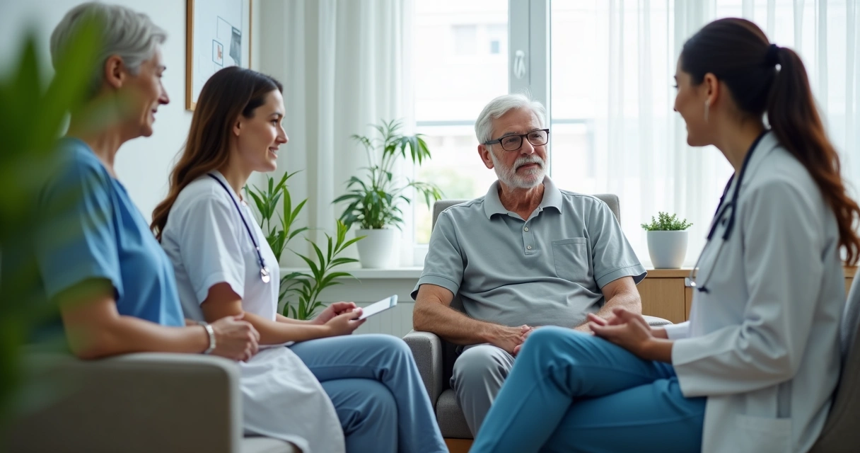 Paciente conversando com equipe multiprofissional em ambiente clínico acolhedor 