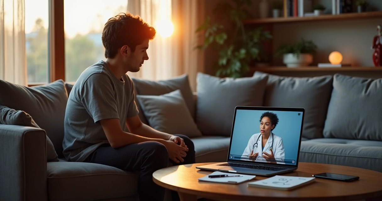 Paciente no sofá assistindo conteúdo médico em vídeo no notebook 
