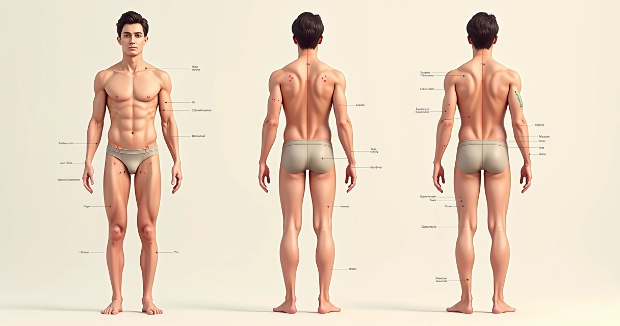 Ilustração comparativa de corpos com diferentes biotipos mostrando localização individualizada de pontos de acupuntura. 