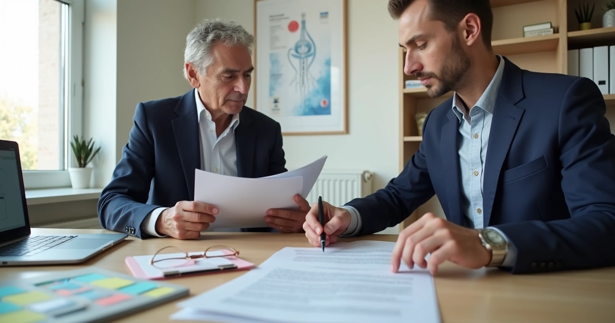 Paciente e advogada analisando documentos de plano de saúde na mesa 