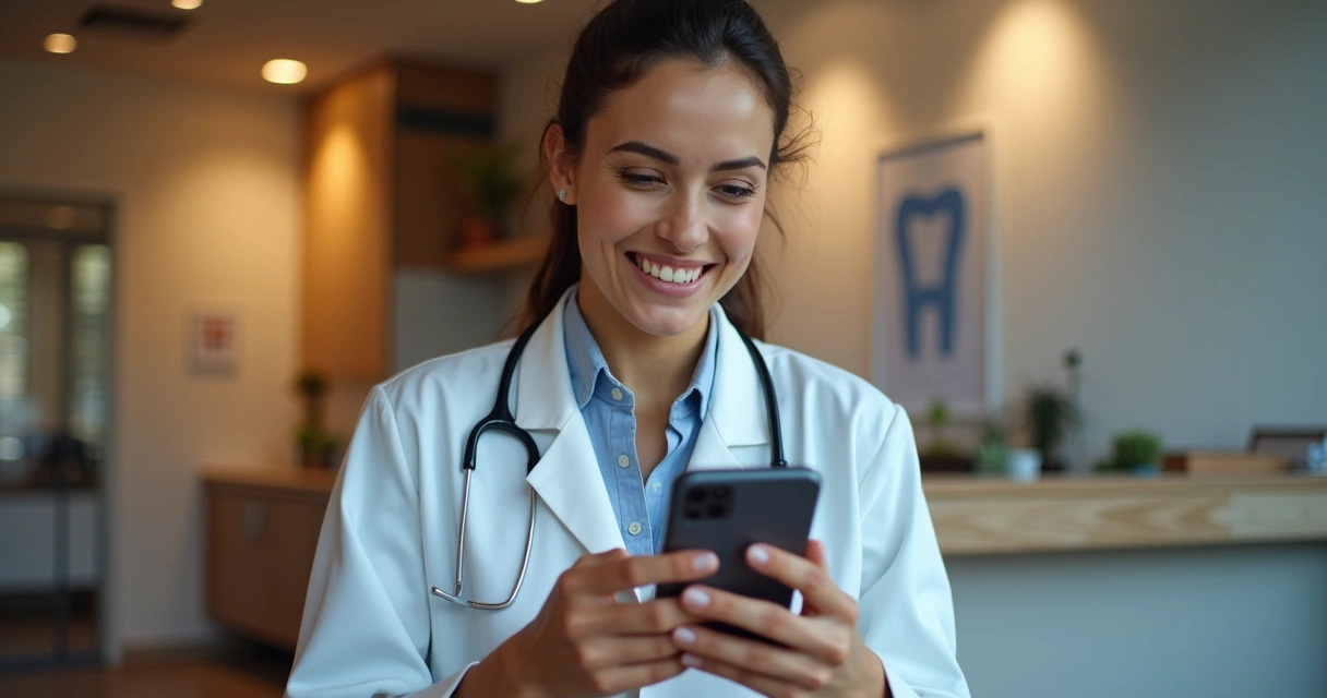 Paciente sorridente usa smartphone para finalizar agendamento odontológico digitalmente. 
