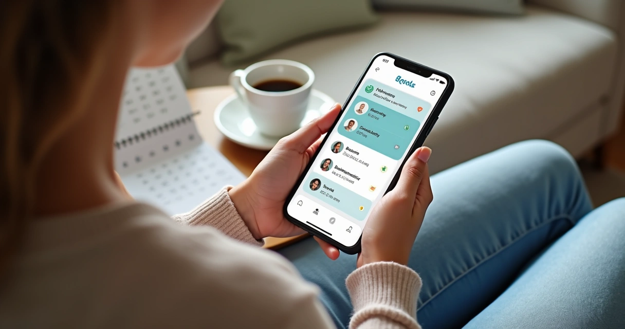 Paciente agendando consulta pelo celular sentado em sofá iluminado 