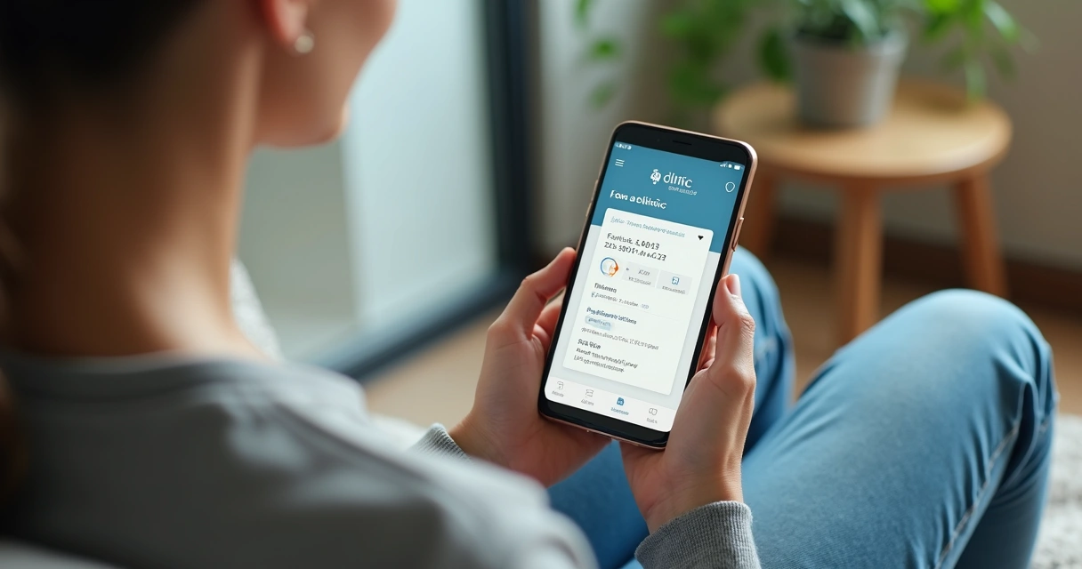Mulher usando smartphone para agendar consulta online