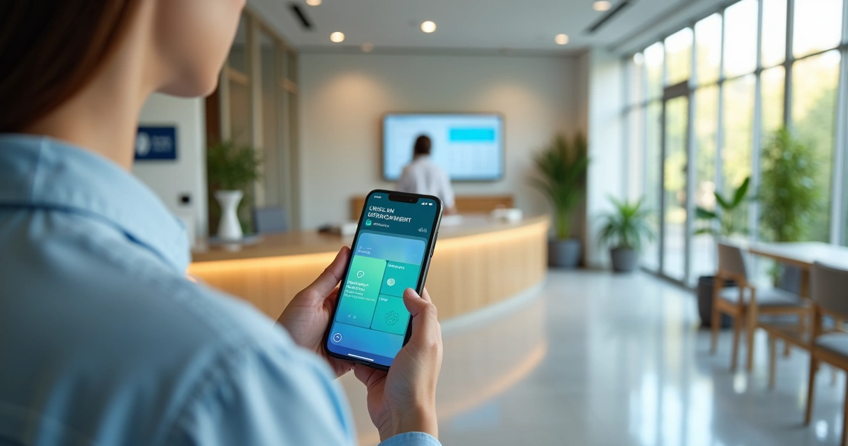 Paciente agenda consulta odontológica pelo celular na recepção digital da clínica 