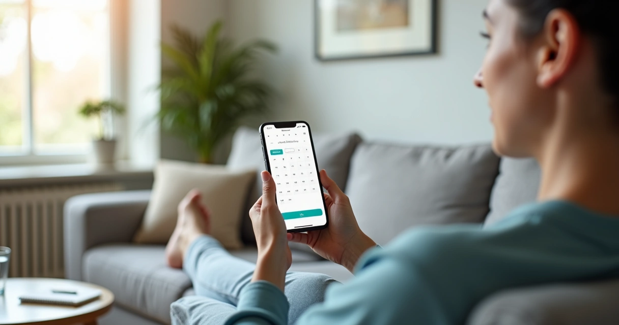 Paciente agendando consulta odontológica pelo celular em ambiente acolhedor 
