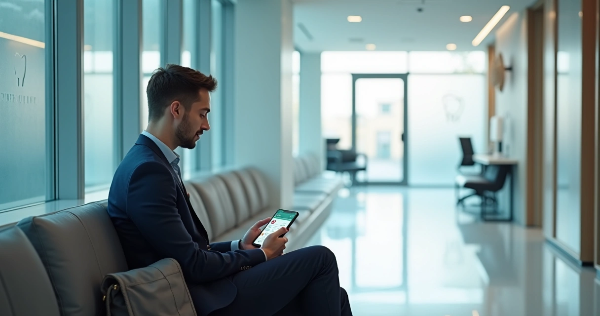 Paciente agendando consulta odontológica pelo celular em corredor de prédio comercial 