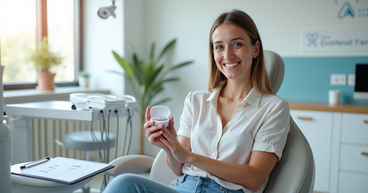 Mulher sorrindo com alinhadores transparentes em clínica odontológica moderna 