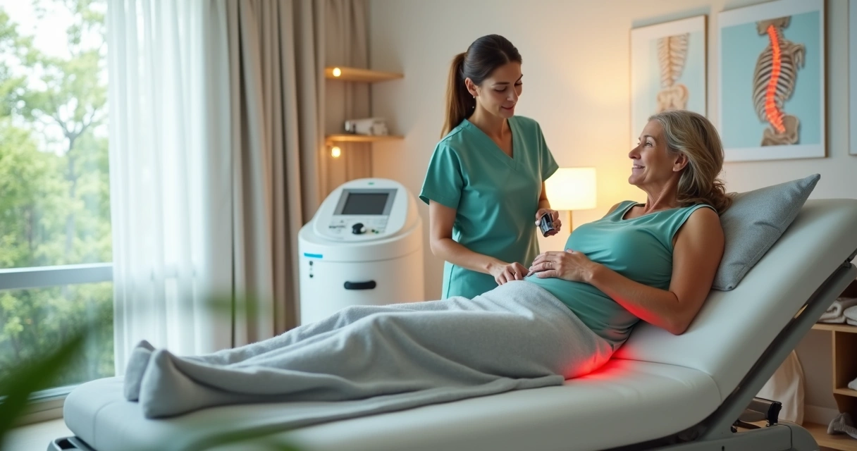 Paciente relaxado em maca recebendo terapia para dor em clínica moderna 