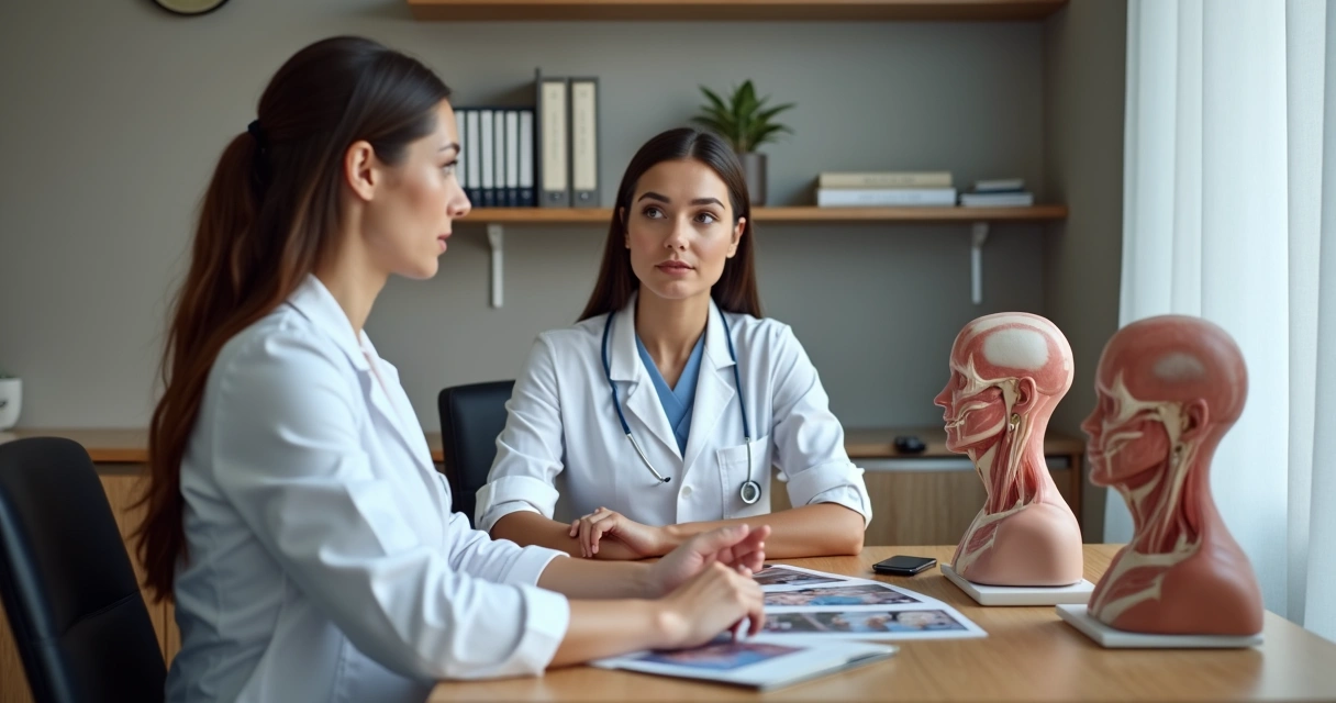 Paciente e cirurgião discutem resultado em consultório com materiais explicativos. 