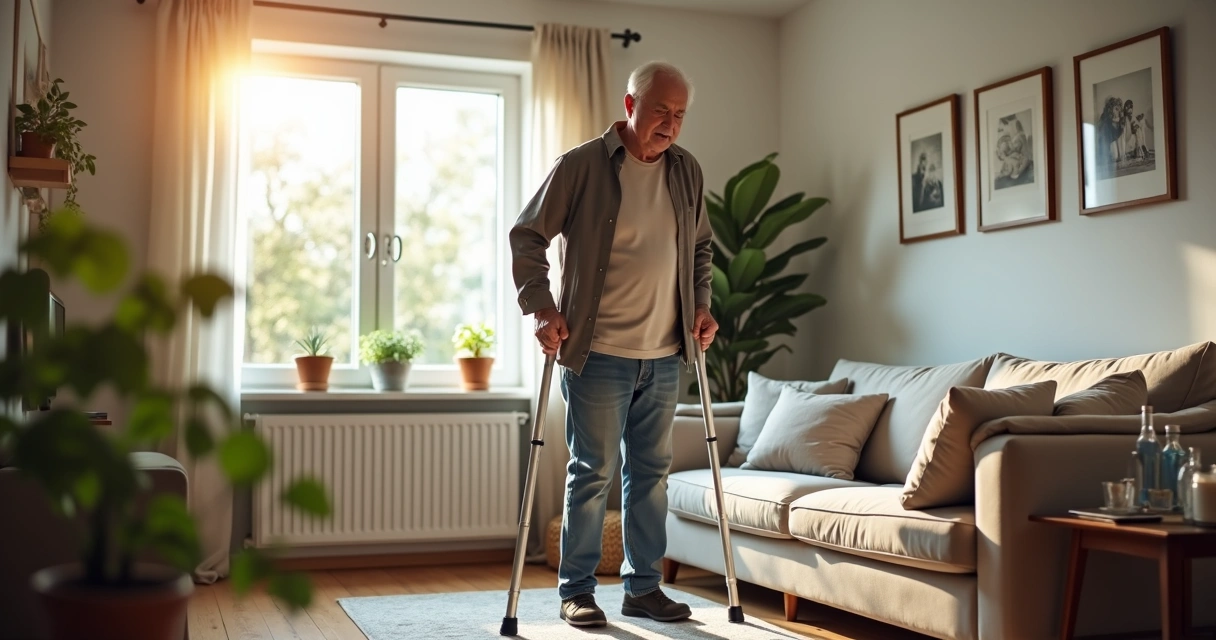 Homem andando com muletas em casa após cirurgia de joelho