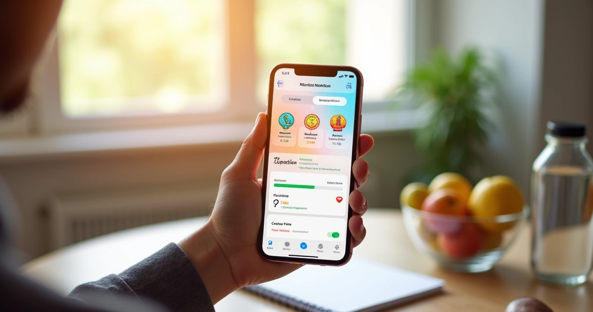 Pessoa usando aplicativo de nutrição com elementos de jogos visibles na tela