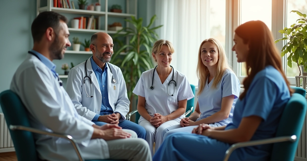Equipe médica multidisciplinar com paciente em consulta