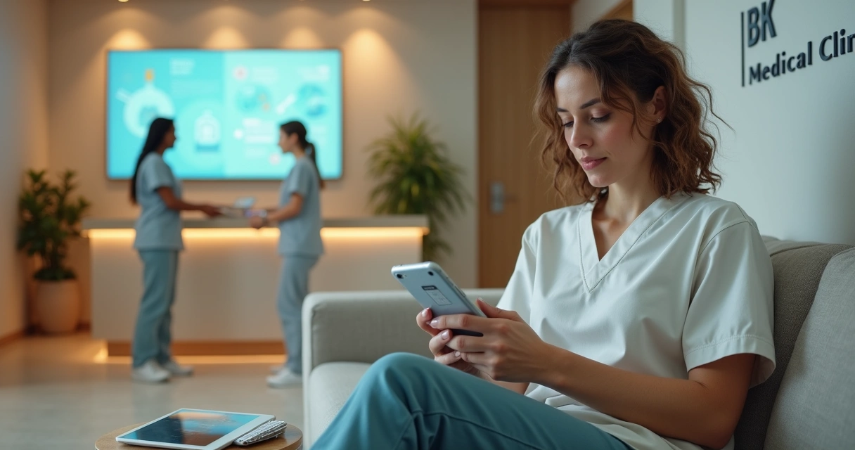 Paciente usando aplicativo de clínica no smartphone em recepção moderna 