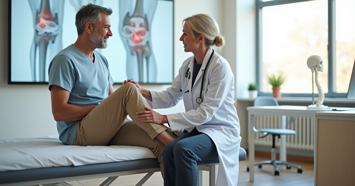 Médico ortopedista examinando joelho de paciente com artrose em consultório moderno 