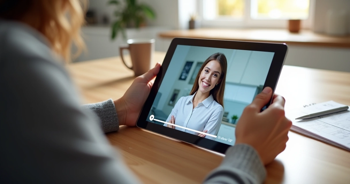 Paciente assistindo depoimento em vídeo de clínica odontológica no tablet 