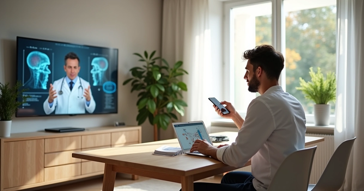 Homem assistindo vídeo médico no notebook 