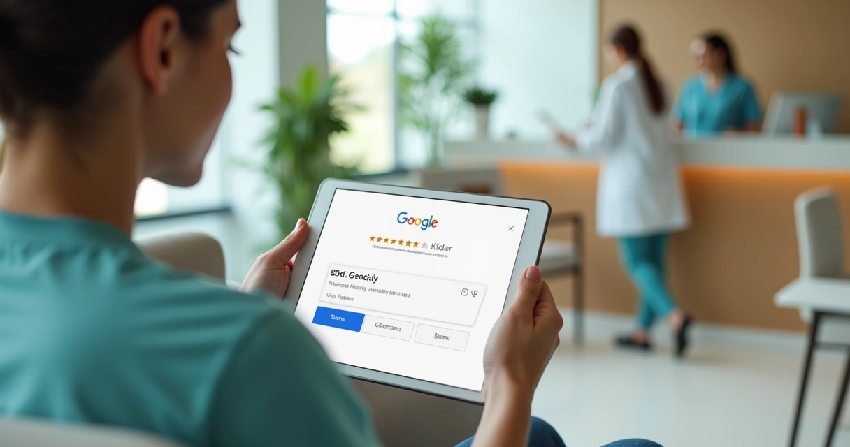 Paciente de clínica avaliando atendimento em tablet com tela de estrelas e Google aberto 