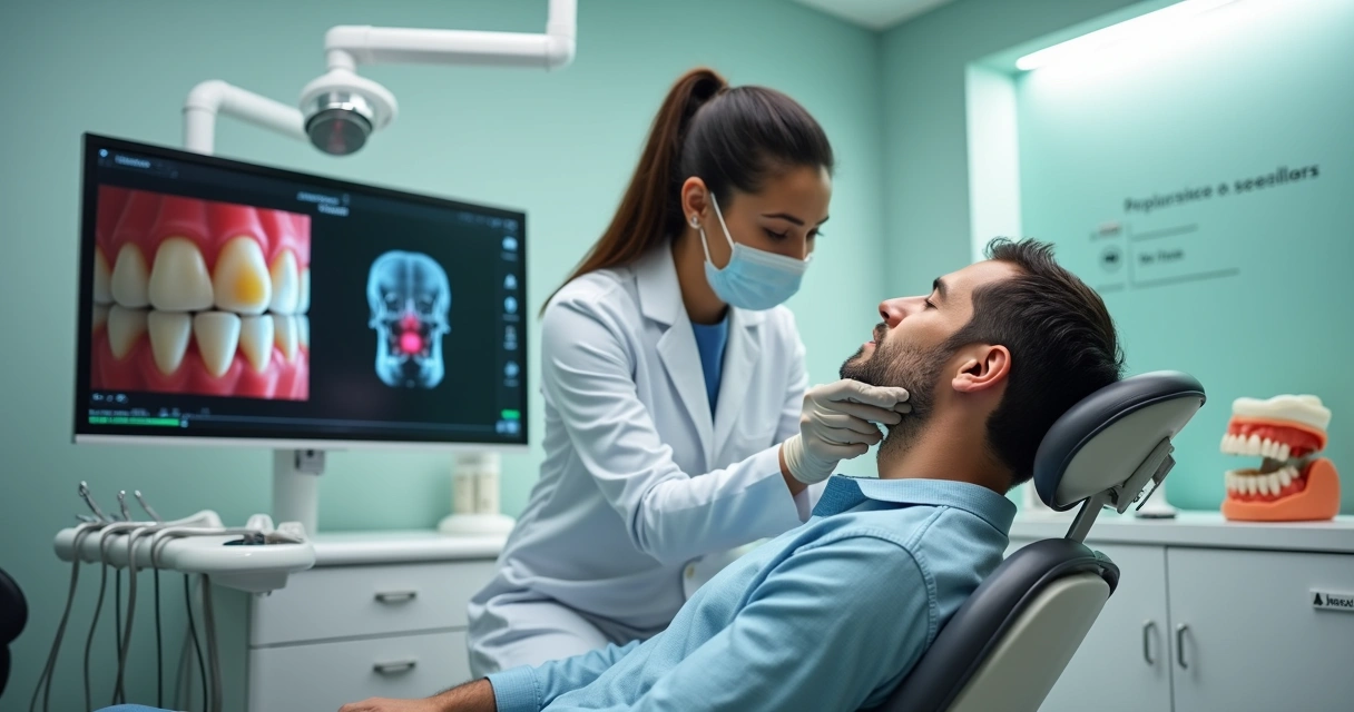 Dentista avaliando paciente com bruxismo em consultório moderno 