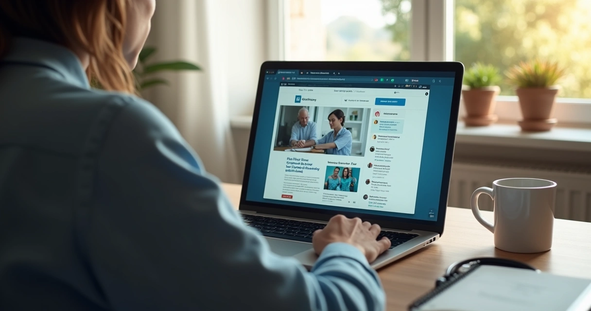 Pessoa pesquisando clínica médica no notebook 