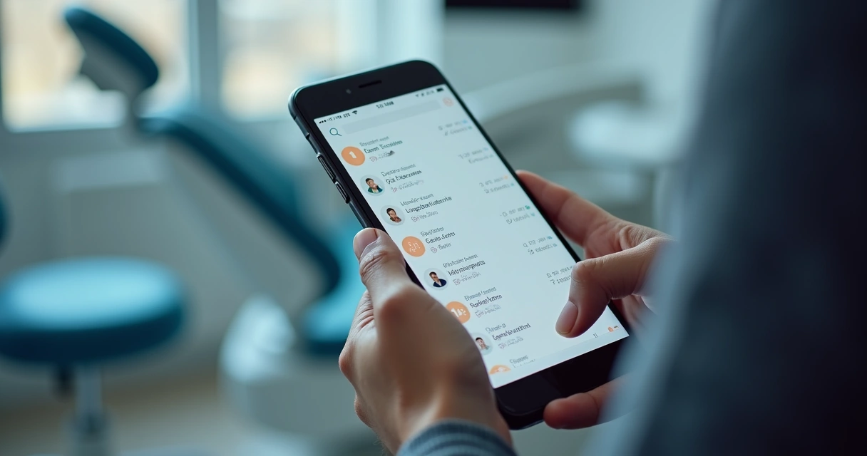 Paciente procurando uma clínica odontológica em um smartphone no consultório moderno 